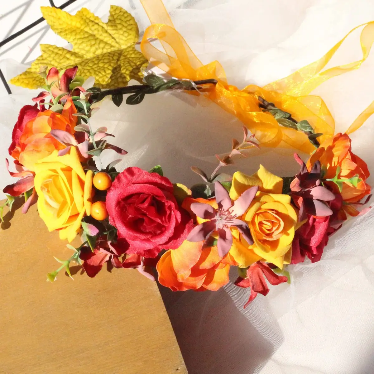 Vividsun Floral Crown Headpiece Yellow Red | Handmade Flower Wreath for Weddings & Festivals - view 4