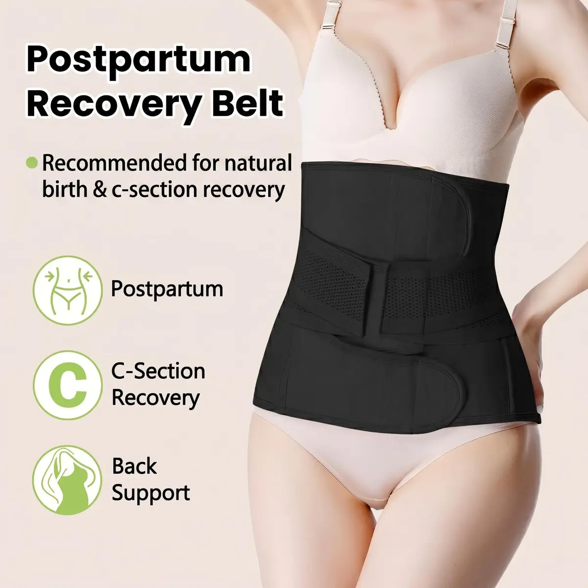 Gepoetry Postpartum Girdle C-Section Recovery Belt Belly Wrap Belly Band Black XS/S | Supports Recovery & Posture - view 2