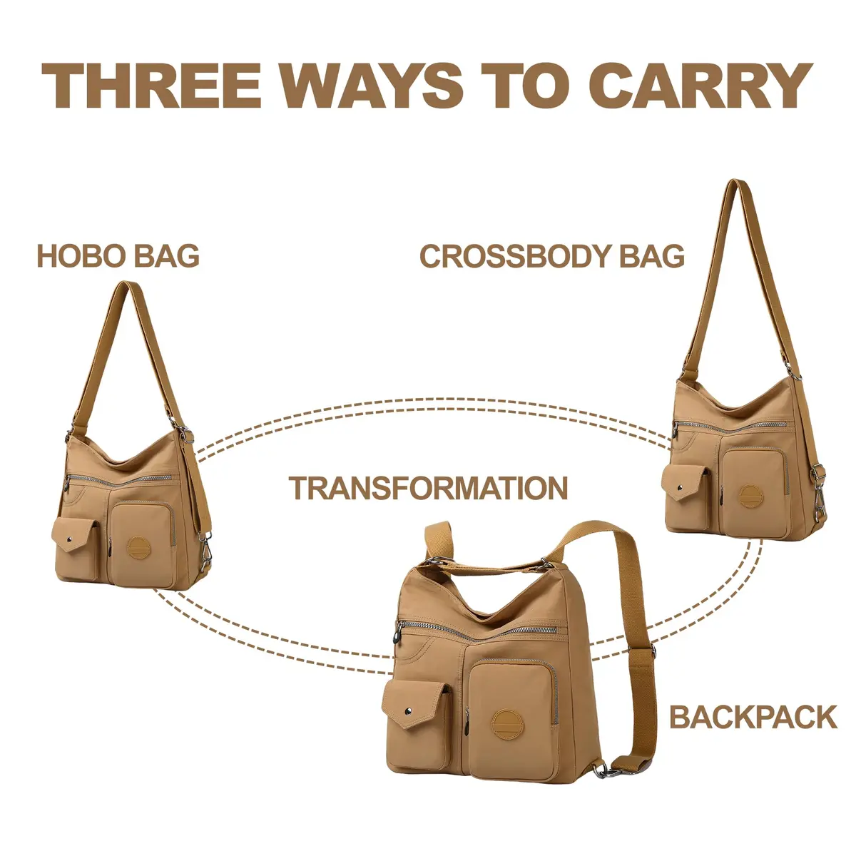 Dora & Liz Hobo Purse for Women, Nylon Crossbody Shoulder Handbag Convertible Backpack 34cm (13.39") | Multi-Way Carry Water-Resistant Bag - view 6