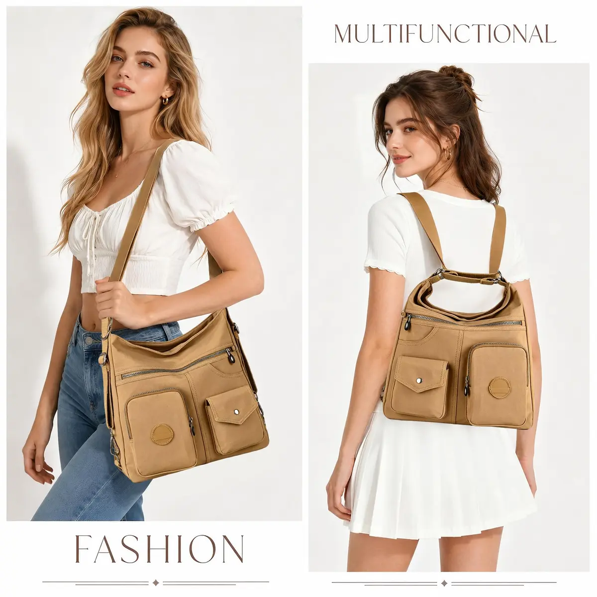 Dora & Liz Hobo Purse for Women, Nylon Crossbody Shoulder Handbag Convertible Backpack 34cm (13.39") | Multi-Way Carry Water-Resistant Bag - view 2