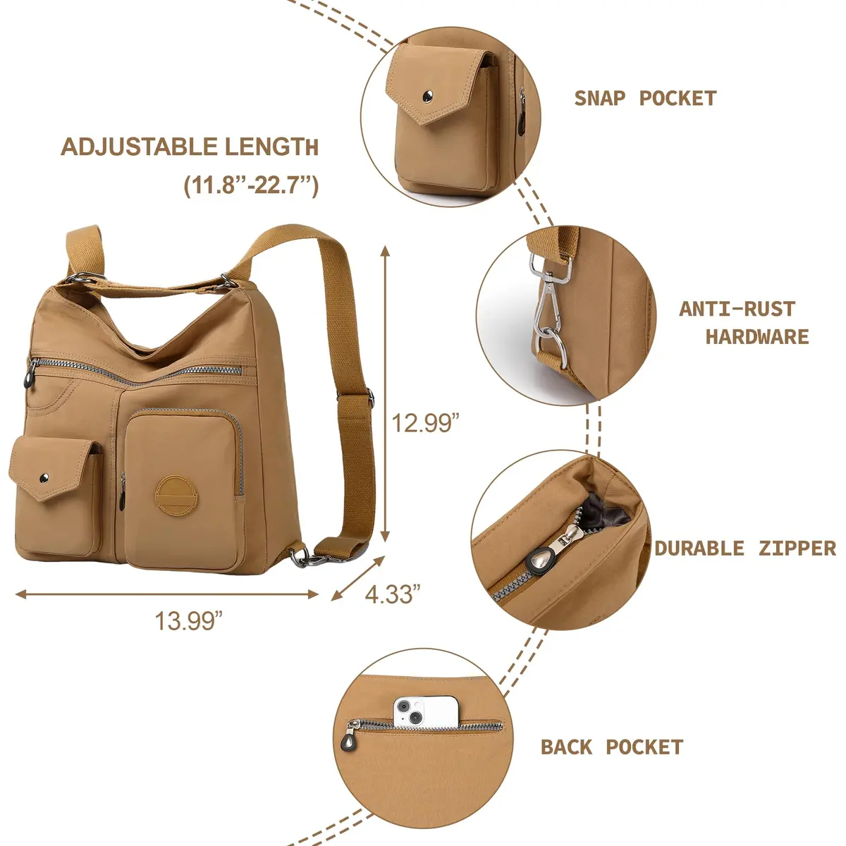Dora & Liz Hobo Purse for Women, Nylon Crossbody Shoulder Handbag Convertible Backpack 34cm (13.39") | Multi-Way Carry Water-Resistant Bag - view 4