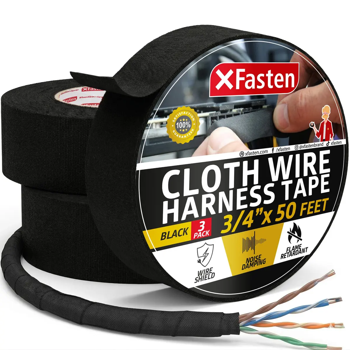 XFasten Wire Harness Tape, 3/4-Inch x 50-Foot (3-Pack) | High Temp Automotive Felt Cloth Tape for Cables - main product image
