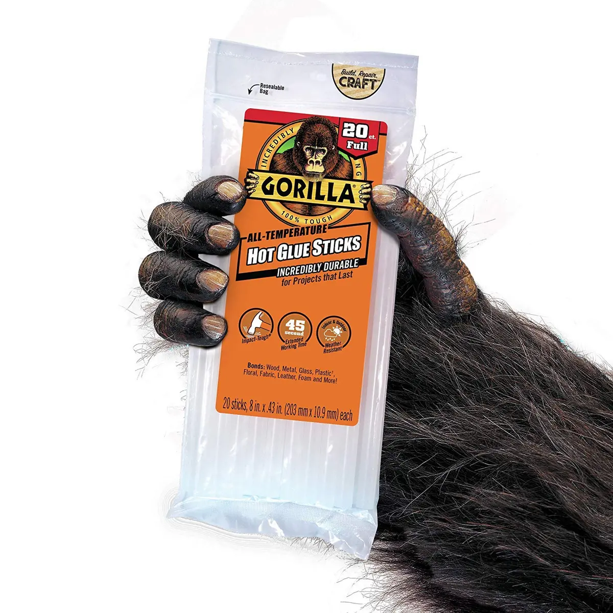 Gorilla Hot Glue Sticks, Clear, 8" Full Size, 20 Count - Weather Resistant & Extended Work Time - view 3