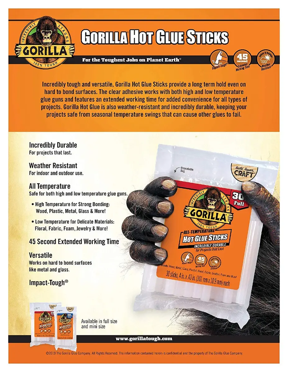 Gorilla Hot Glue Sticks, Clear, 8" Full Size, 20 Count - Weather Resistant & Extended Work Time - view 4