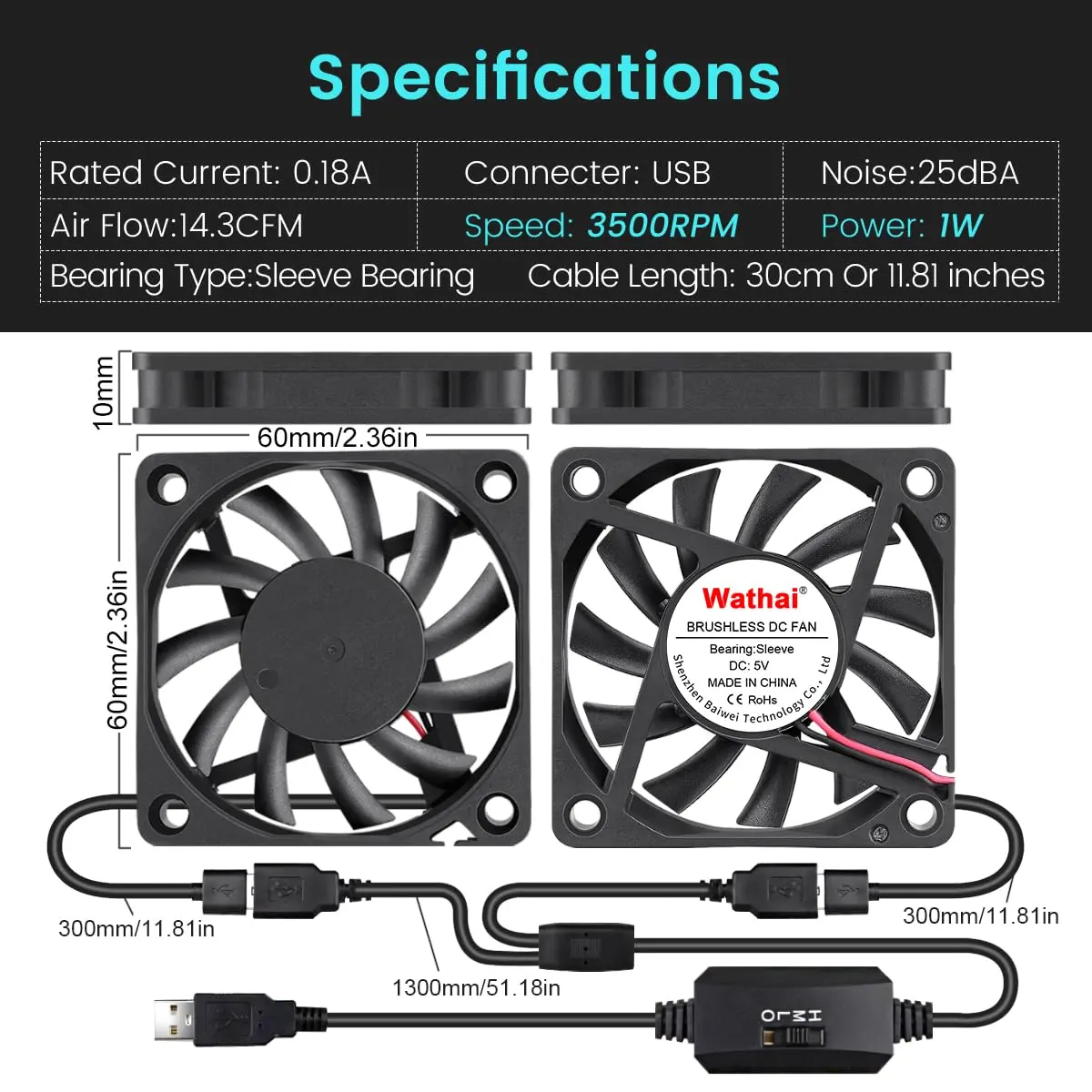 Wathai 60mm x 10mm USB Computer Fan 5V | Variable Speed Cooling for DIY & Electronics - view 2