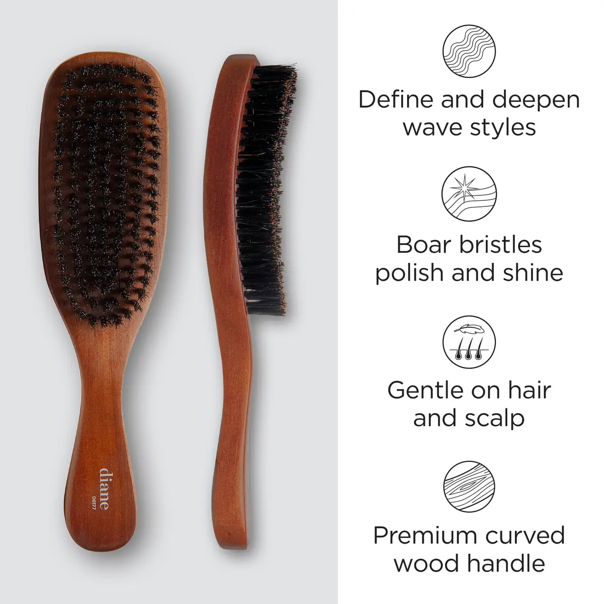 Diane Reinforced Boar Bristle Curved Wave Brush for Men & Barbers | Thick Curly Hair Detangling Smoothing Shine - view 2