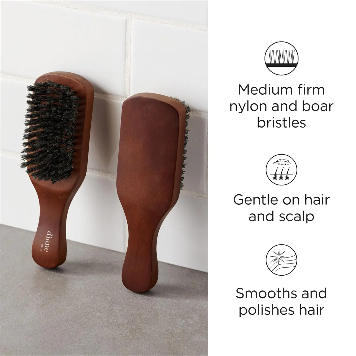 Diane Reinforced Boar Bristle Club Wave Brush for Men & Barbers – Medium Bristles for Thick & Curly Hair – 7.5" L x 2.1" W - view 2