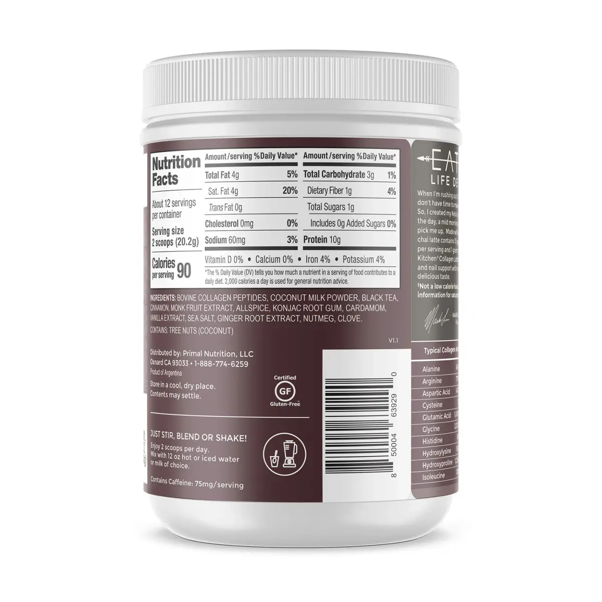 Primal Kitchen Chai Tea Collagen Keto Latte Powder 242 g (8.55 oz) | Keto Certified Drink Mix for Hair, Skin & Nails - view 2