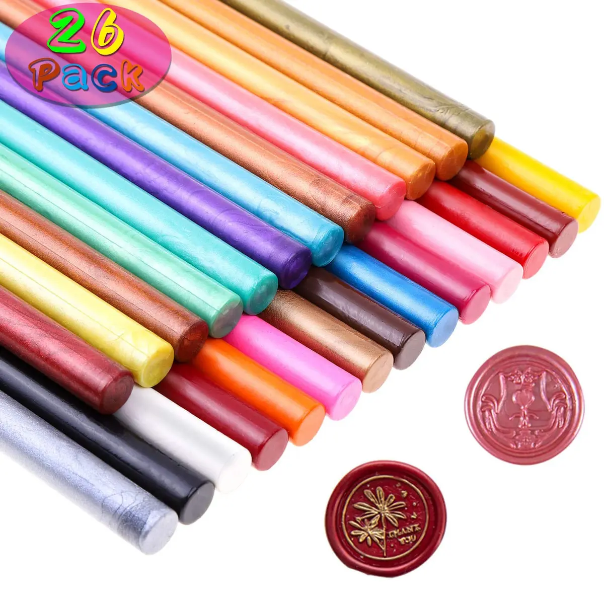 PAXCOO Wax Seal Sticks for Crafts & Letters, 26 Colors | Flame-Free, Quick Drying (70-120 chars) - main product image