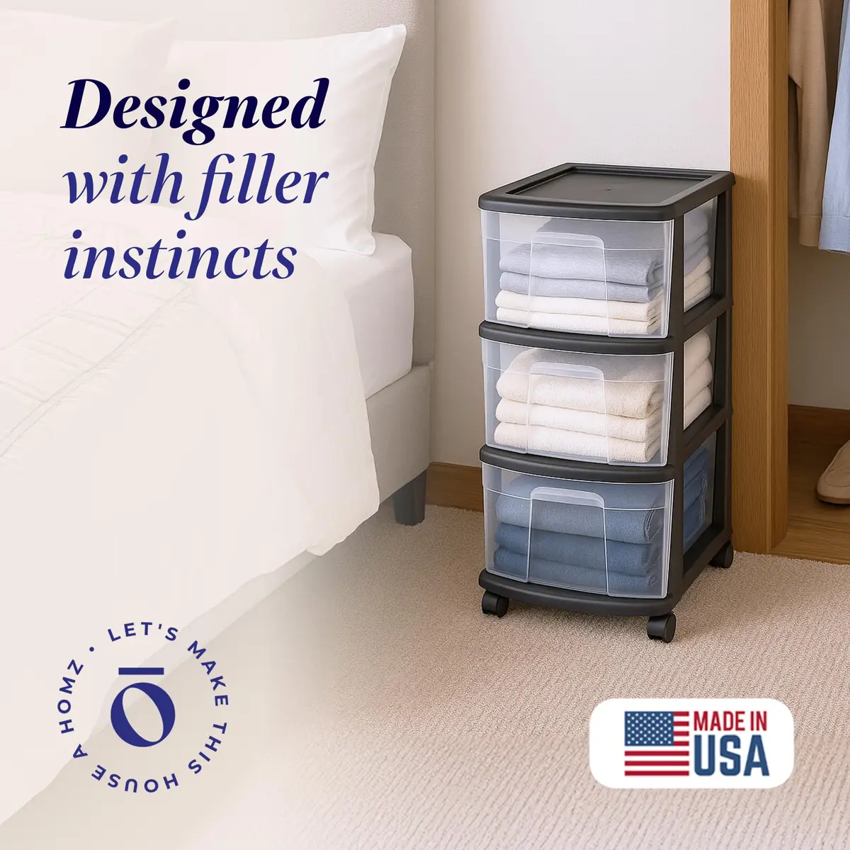 Homz 3 Drawer Plastic Storage Cart Organizer, Clear Drawers, Black Frame | Versatile Home & Office Storage Solution - view 2