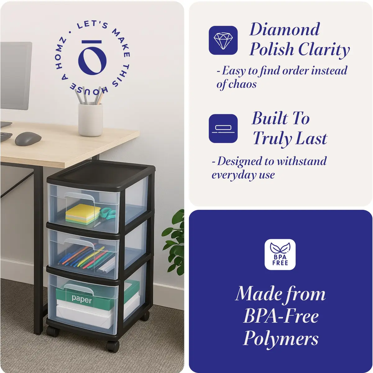 Homz 3 Drawer Plastic Storage Cart Organizer, Clear Drawers, Black Frame | Versatile Home & Office Storage Solution - view 3