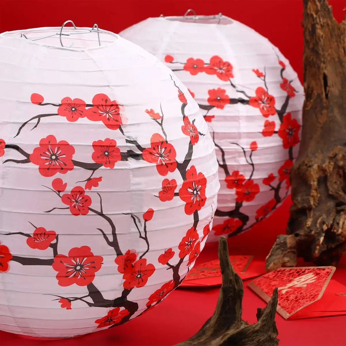 Blulu Red Cherry Blossom Paper Lanterns 30cm (11.8 x 11 Inch) | Pack of 6 Oriental Style - view 3