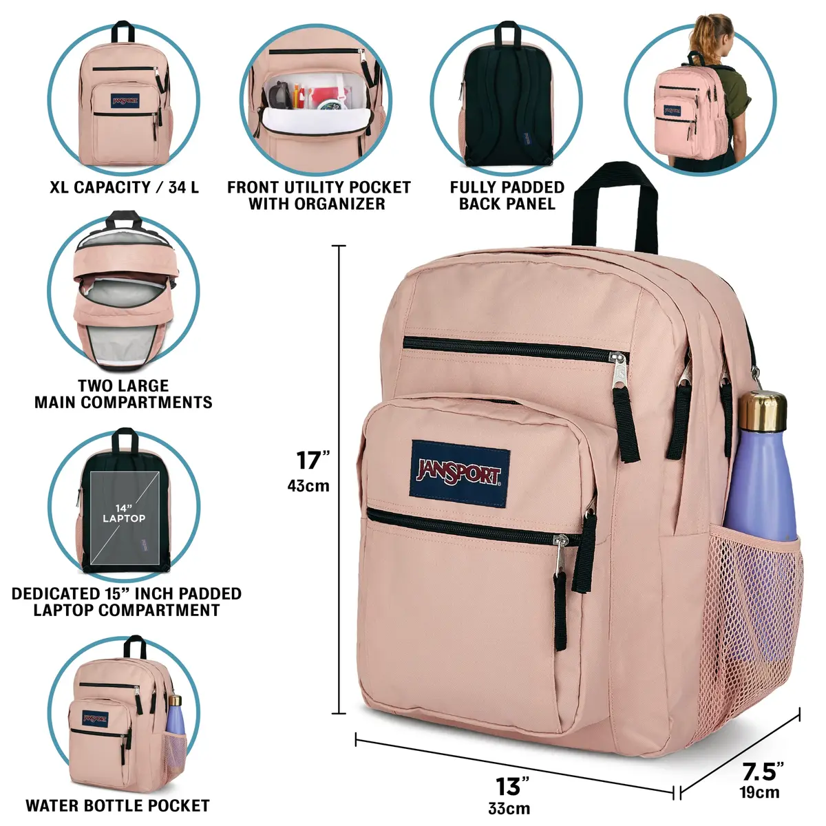 JanSport Big Student Laptop Backpack 34L (17" x 13" x 7.5") | Red Tape - view 3