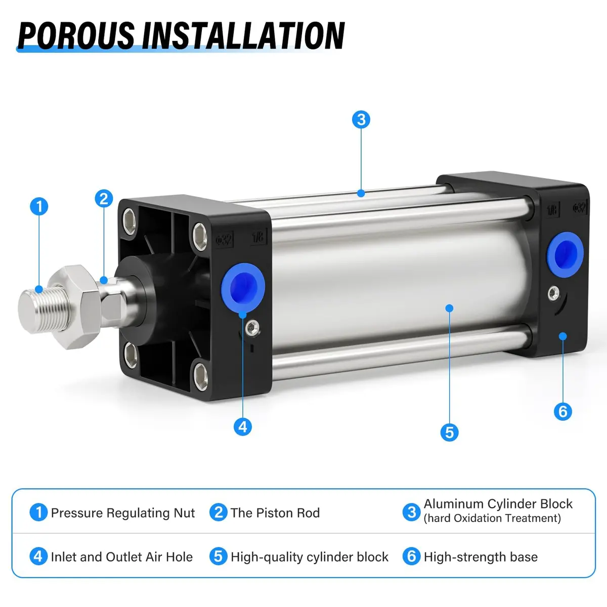 TAILONZ Pneumatic Air Cylinder 63mm Bore 50mm Stroke Double Action Aluminum (4" stroke, 63mm bore) | Corrosion & Impact Resistant - view 3