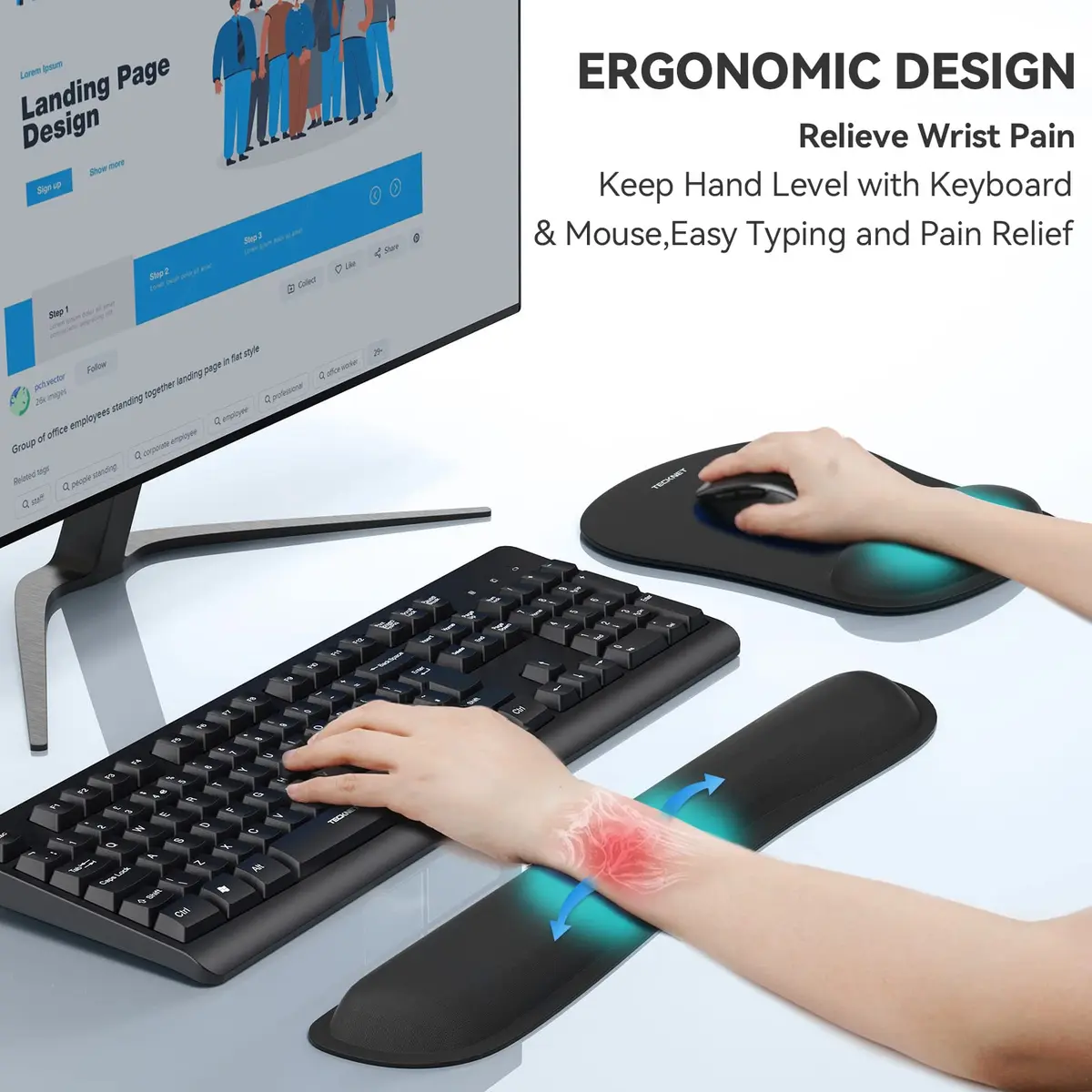 TECKNET Ergonomic Mouse Pad and Keyboard Wrist Rest Set with Wrist Support, Black | Memory Foam Cushion for Pain Relief - view 2