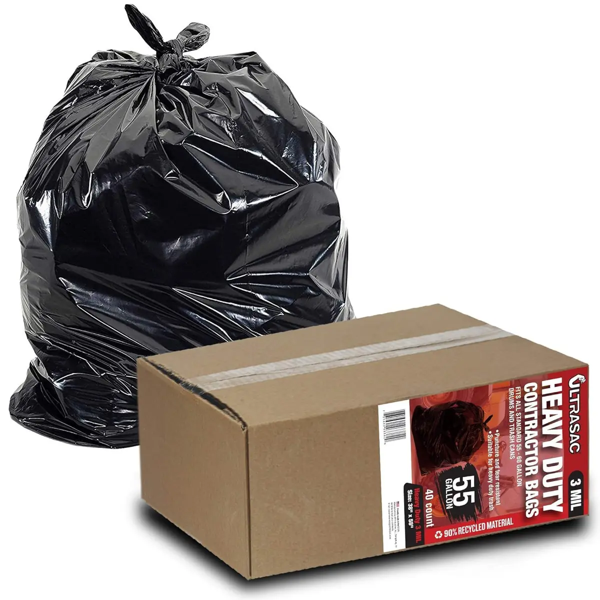 Ultrasac Heavy Duty 55 Gallon Contractor Bags | 40 Count, 3 MIL, Black, 38" x 58" - main product image