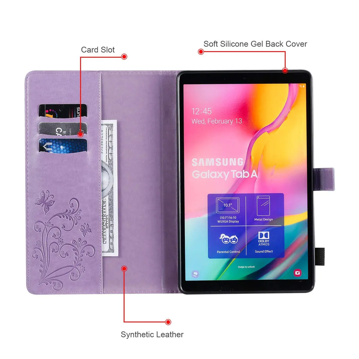 Dteck Purple Embossed Butterfly Leather Folio Stand Cover Case for Samsung Galaxy Tab A 10.1 2019 | Card Slots Wallet - view 3