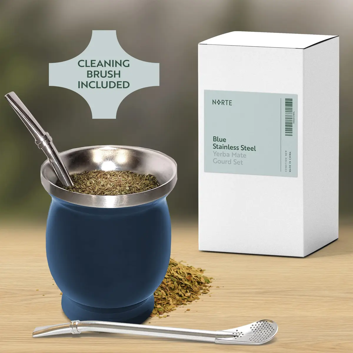 Norte Yerba Mate Cup, 8-Ounces Traditional Mate Tea Cup/Gourd Set, Blue | Double-Walled Stainless Steel Drinkware - view 6