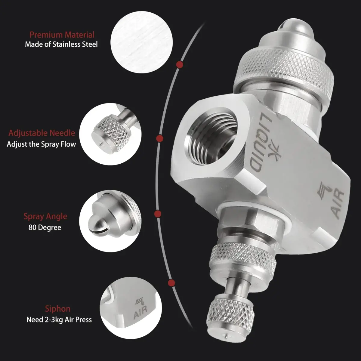 MroMax 1/4BSPT Female Thread Air Atomizing Nozzle 80 Degree Siphon Fan-Shape Spray Tip | Stainless Steel - view 5