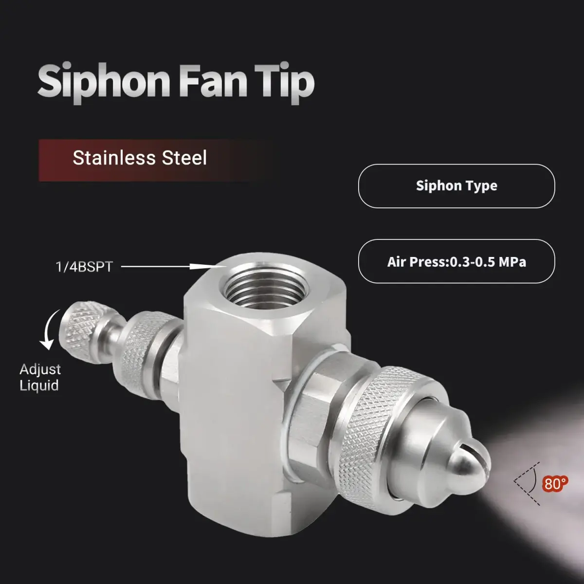 MroMax 1/4BSPT Female Thread Air Atomizing Nozzle 80 Degree Siphon Fan-Shape Spray Tip | Stainless Steel - view 3