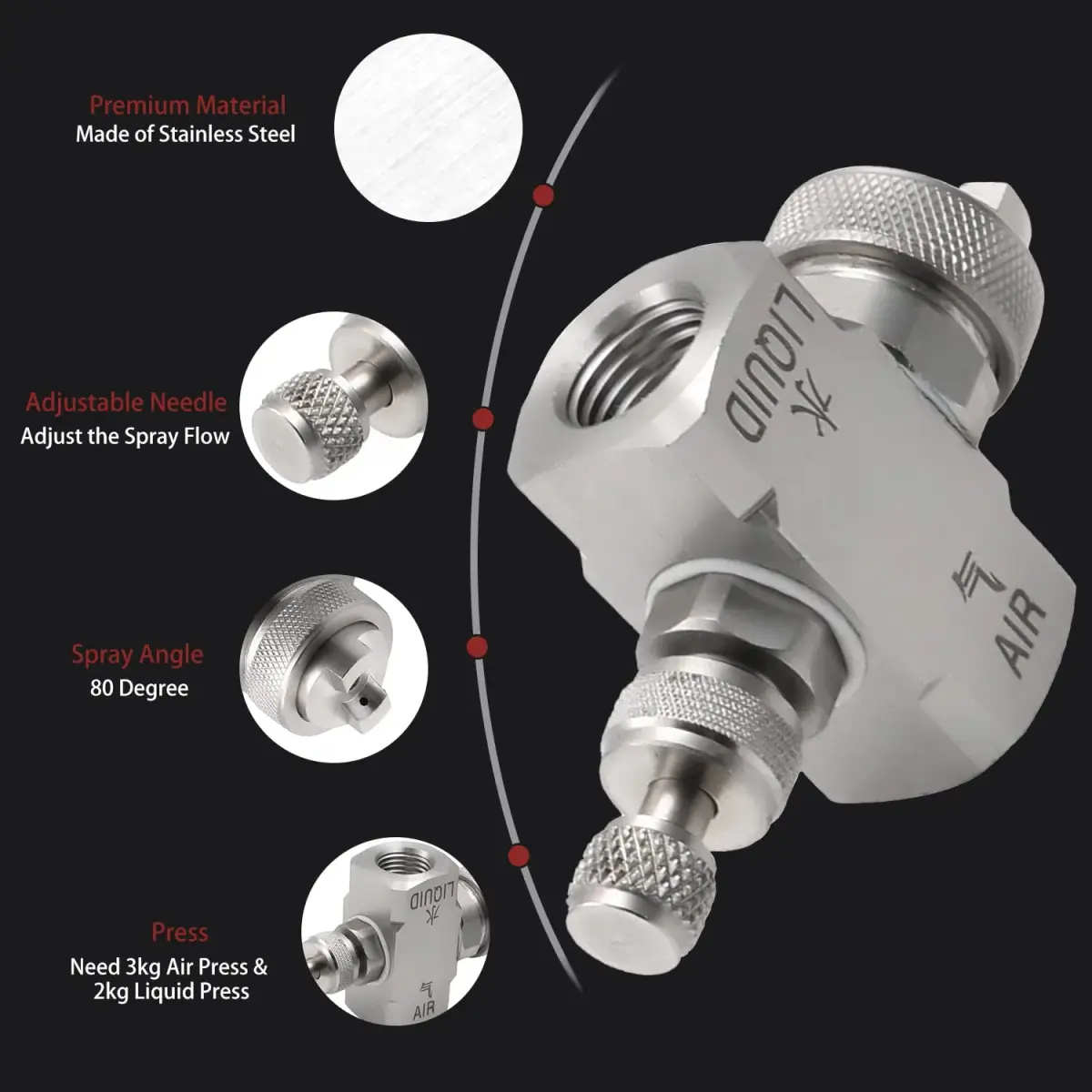 MroMax 1/4" BSPT Female Thread Air Atomizing Nozzle 80 Degree Mix Type Spray Tip Nozzles | Stainless Steel Misting Nozzle - view 5