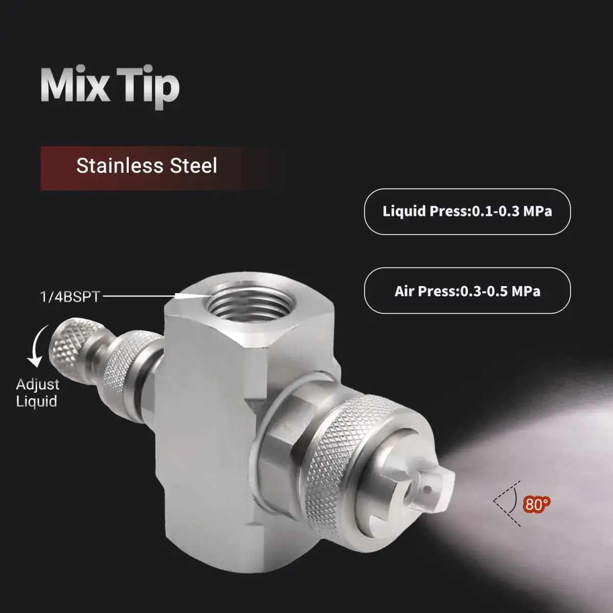 MroMax 1/4" BSPT Female Thread Air Atomizing Nozzle 80 Degree Mix Type Spray Tip Nozzles | Stainless Steel Misting Nozzle - view 3