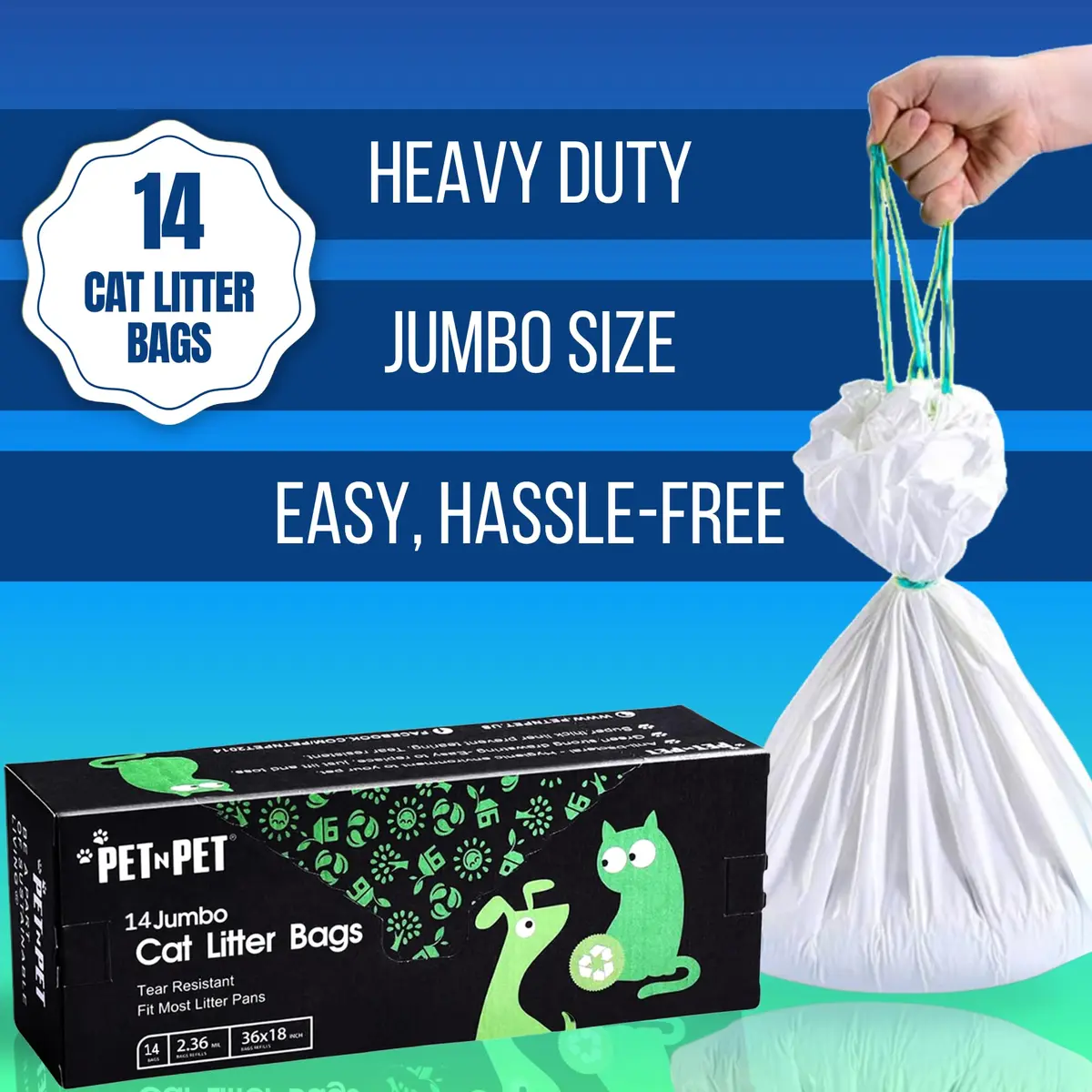 PET N PET Cat Litter Box Liners Jumbo 36x18 | Tear-Resistant, Drawstring, Heavy-Duty Plastic - view 2
