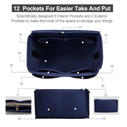 OMYSTYLE Navy Blue Large Felt Tote Bag Organizer Insert with 13 Pockets | 30cm x 15cm x 16cm - view 3