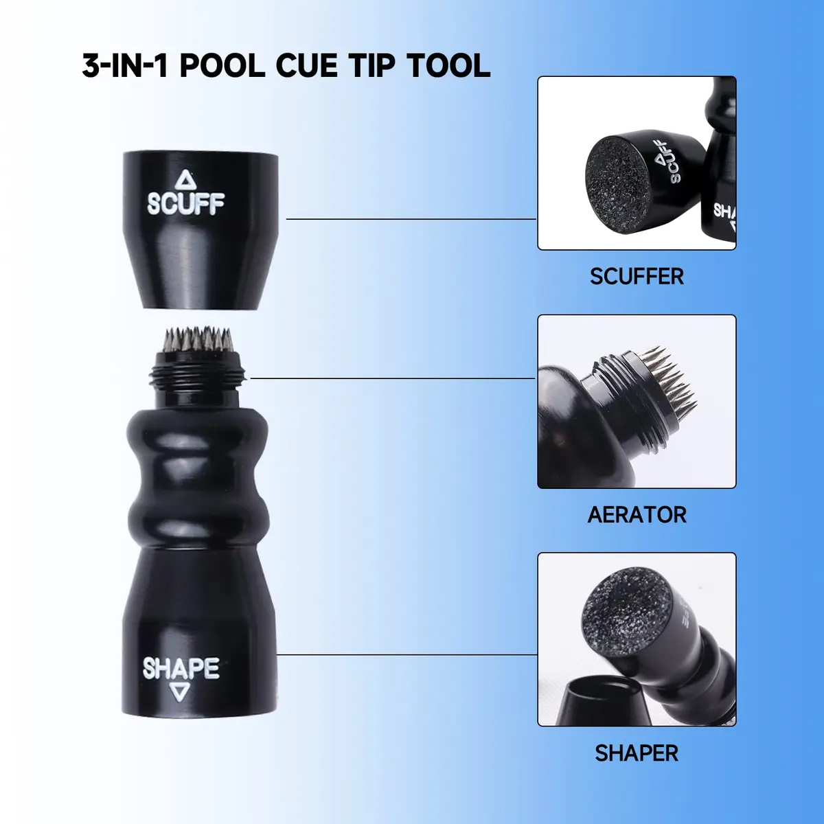 GSE 3-in-1 Pool Cue Tip Tool, Scuffer/Shaper/Aerator, Black | Compact Aluminum Cue Tip Repair - view 2