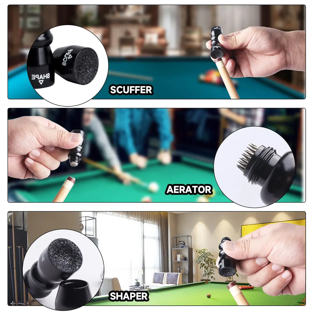 GSE 3-in-1 Pool Cue Tip Tool, Scuffer/Shaper/Aerator, Black | Compact Aluminum Cue Tip Repair - view 4