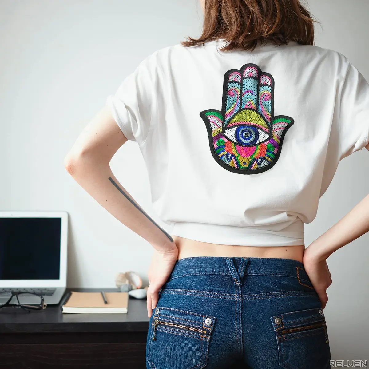 Reluen Evil Eye Iron On Patch Large Sequin Hamsa Hand Embroidered Badge 22cm (8.7in) x 19.5cm (7.7in) - view 5