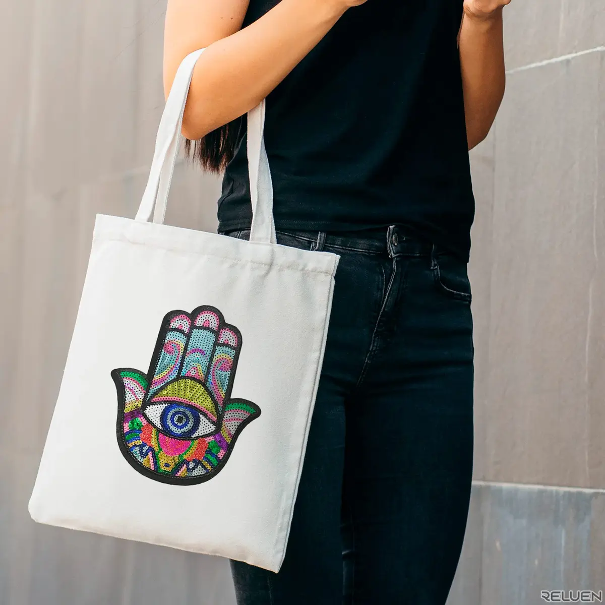 Reluen Evil Eye Iron On Patch Large Sequin Hamsa Hand Embroidered Badge 22cm (8.7in) x 19.5cm (7.7in) - view 6