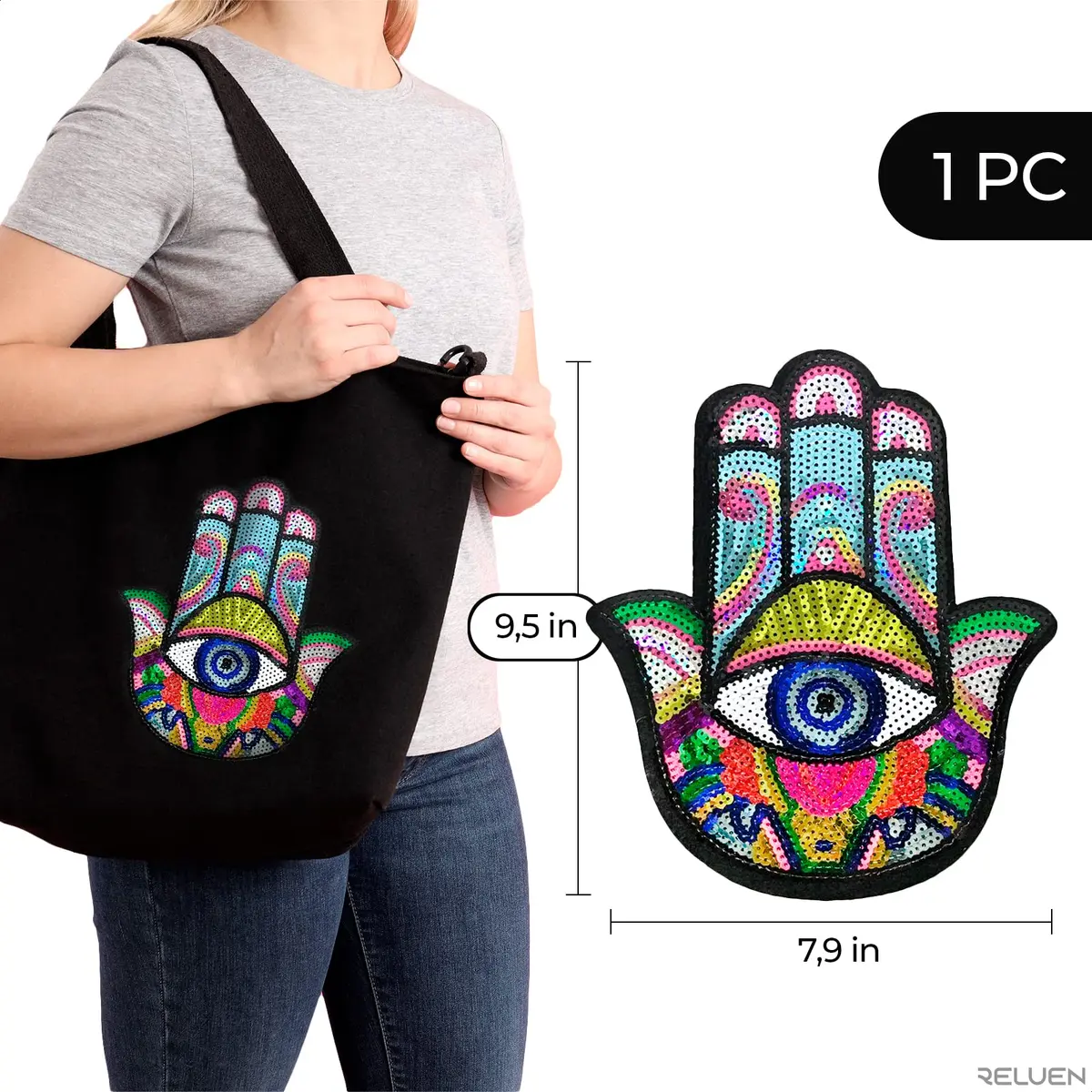 Reluen Evil Eye Iron On Patch Large Sequin Hamsa Hand Embroidered Badge 22cm (8.7in) x 19.5cm (7.7in) - view 2