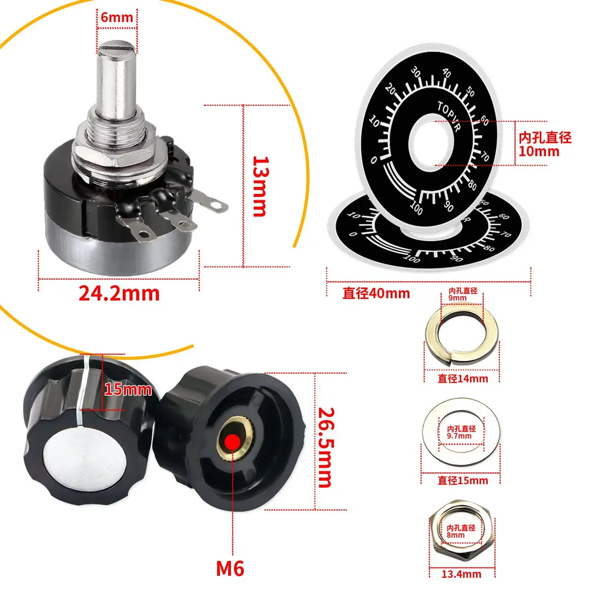 CenryKay RV24YN20S B102 1K Rotary Potentiometer with Knobs & Dials, 6mm Shaft, 20mm Length, 2-Pack | Precise Control for Audio & Circuits - view 2