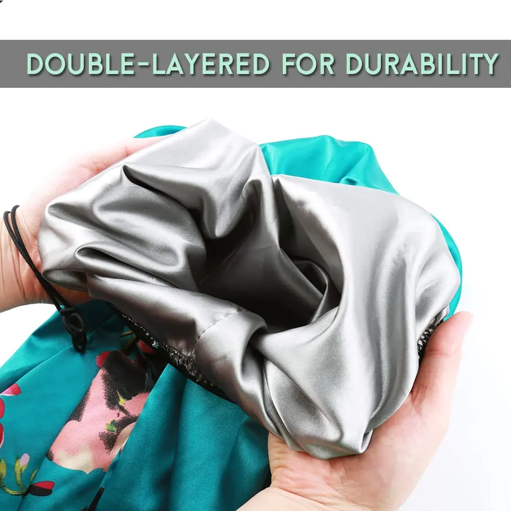 Sent Hair Extra Long Satin Bonnet Sleep Cap for Women, Double Layer Silky Hair - Soft Elastic Band, Green Floral | Protects Long Hair - view 3