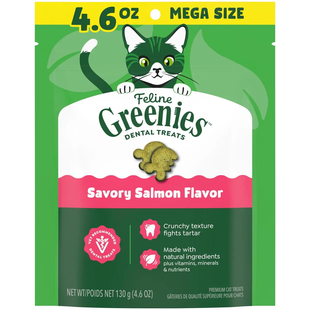 Greenies Feline Natural Crunchy Dental Cat Treats Salmon Flavor 4.6 oz (130 g) | Vet-Recommended Oral Care - main product image