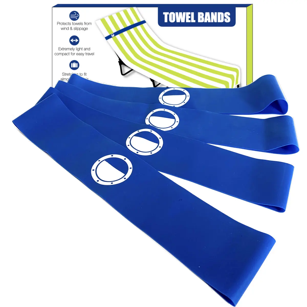 Cruise On Towel Bands for Cruise Chairs, 4 Pack, Blue | Flexible Latex Towel Holders for Beach & Pool - main product image