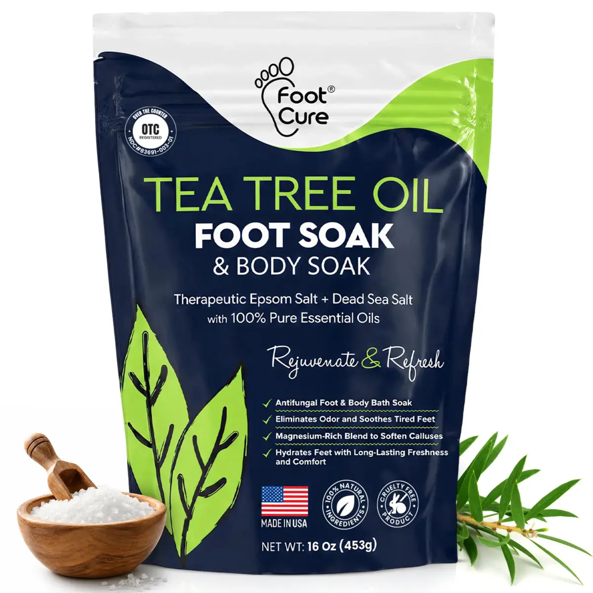 FOOT CURE Tea Tree Oil Epsom Salt Foot Soak 473ml (16 Fl Oz) | Softens Calluses & Refreshes Tired Feet - main product image