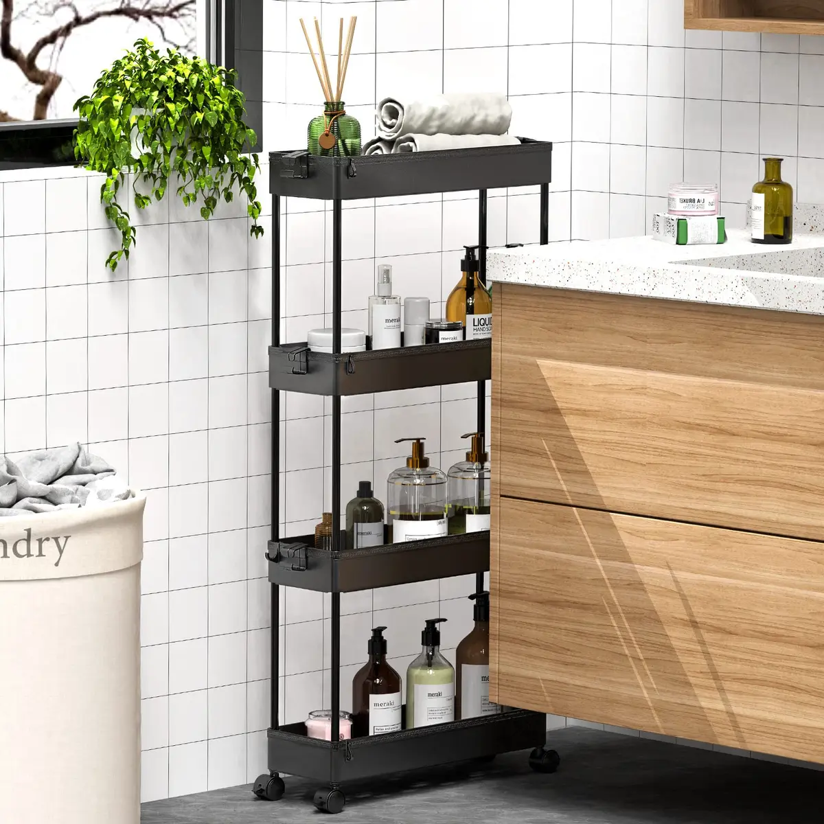 SPACEKEEPER Slim Rolling Storage Cart, 4 Tier Bathroom Cart Organizer, Black | Space-saving, Durable Plastic Design - view 5