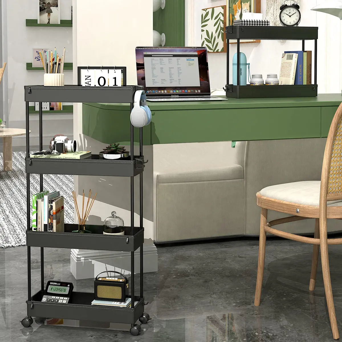 SPACEKEEPER Slim Rolling Storage Cart, 4 Tier Bathroom Cart Organizer, Black | Space-saving, Durable Plastic Design - view 6