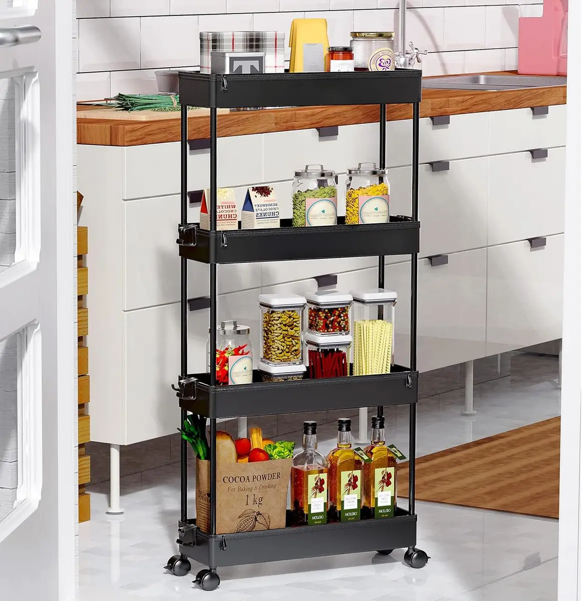 SPACEKEEPER Slim Rolling Storage Cart, 4 Tier Bathroom Cart Organizer, Black | Space-saving, Durable Plastic Design - view 8