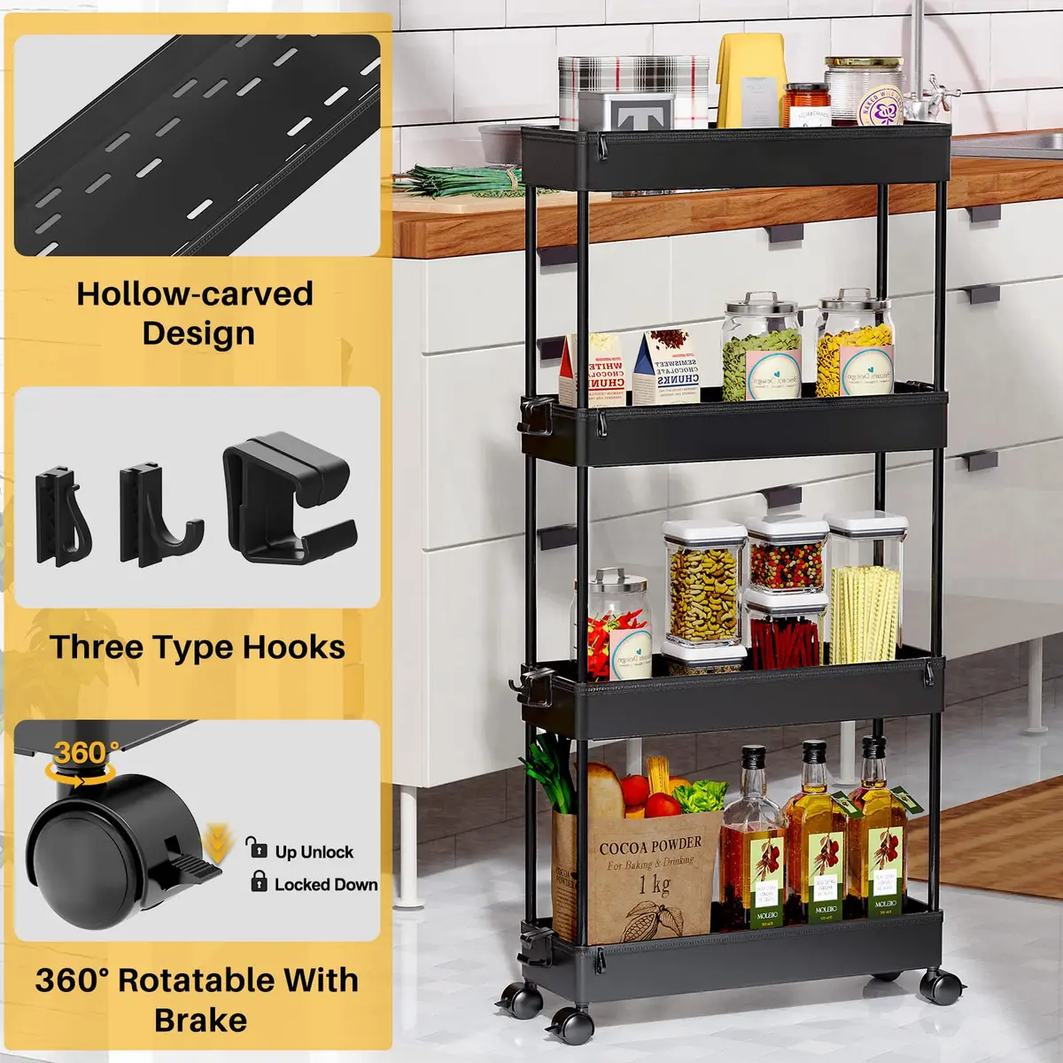 SPACEKEEPER Slim Rolling Storage Cart, 4 Tier Bathroom Cart Organizer, Black | Space-saving, Durable Plastic Design - view 3