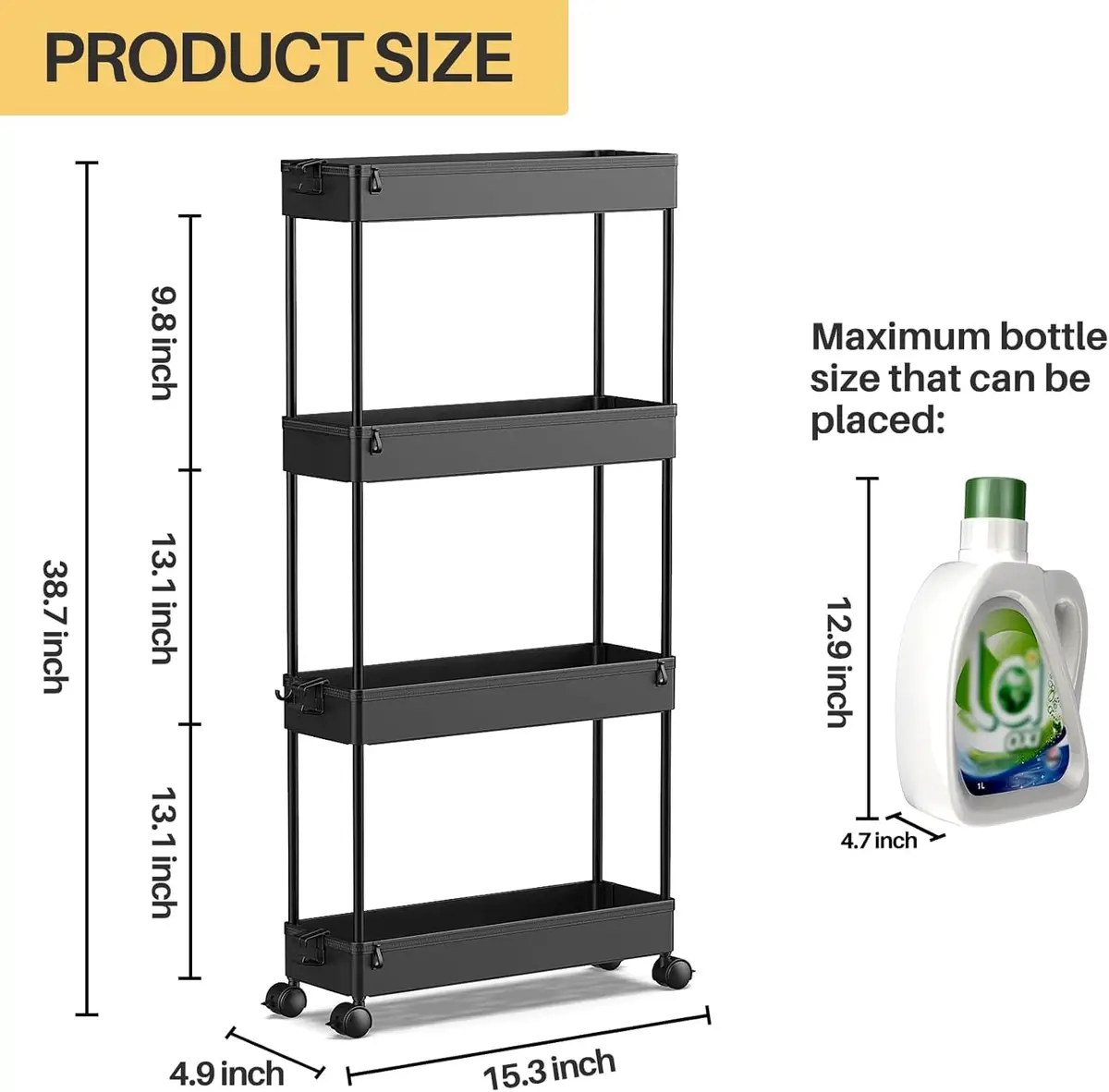SPACEKEEPER Slim Rolling Storage Cart, 4 Tier Bathroom Cart Organizer, Black | Space-saving, Durable Plastic Design - view 4