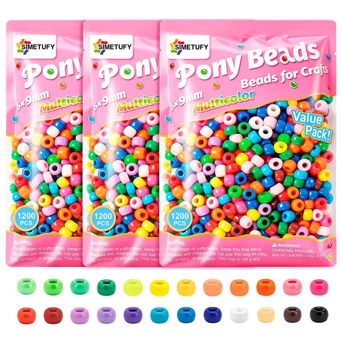 Simetufy Pony Beads 3600Pcs Rainbow Plastic Beads | Assorted Colors for DIY Crafts - main product image