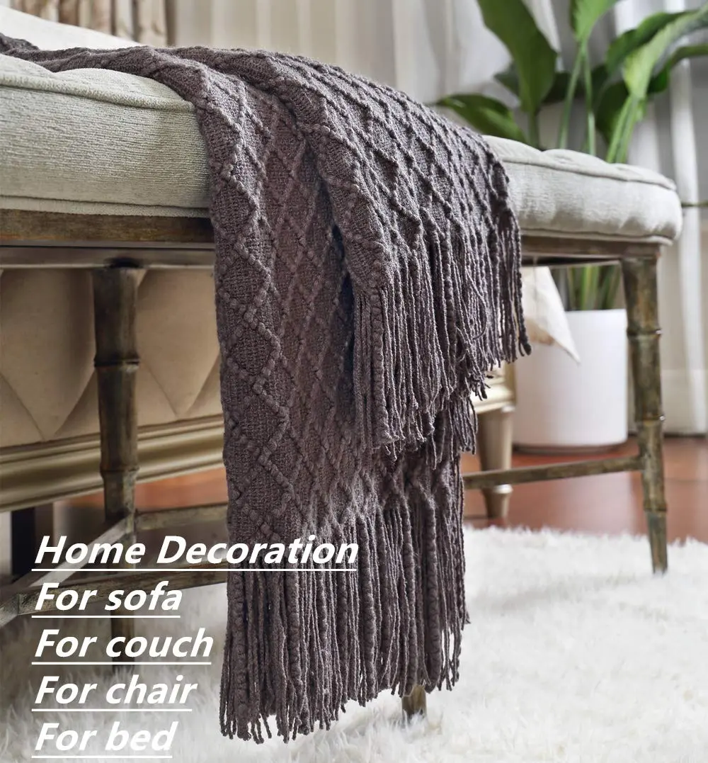 CREVENT Knitted Decorative Throw Blanket for Couch Sofa Chair Bed, Soft Breathable Lightweight for Spring Summer 127cm x 152cm (50''X60'') Dark Grey/Black | Elegant Geometric Pattern with Tassels - view 4