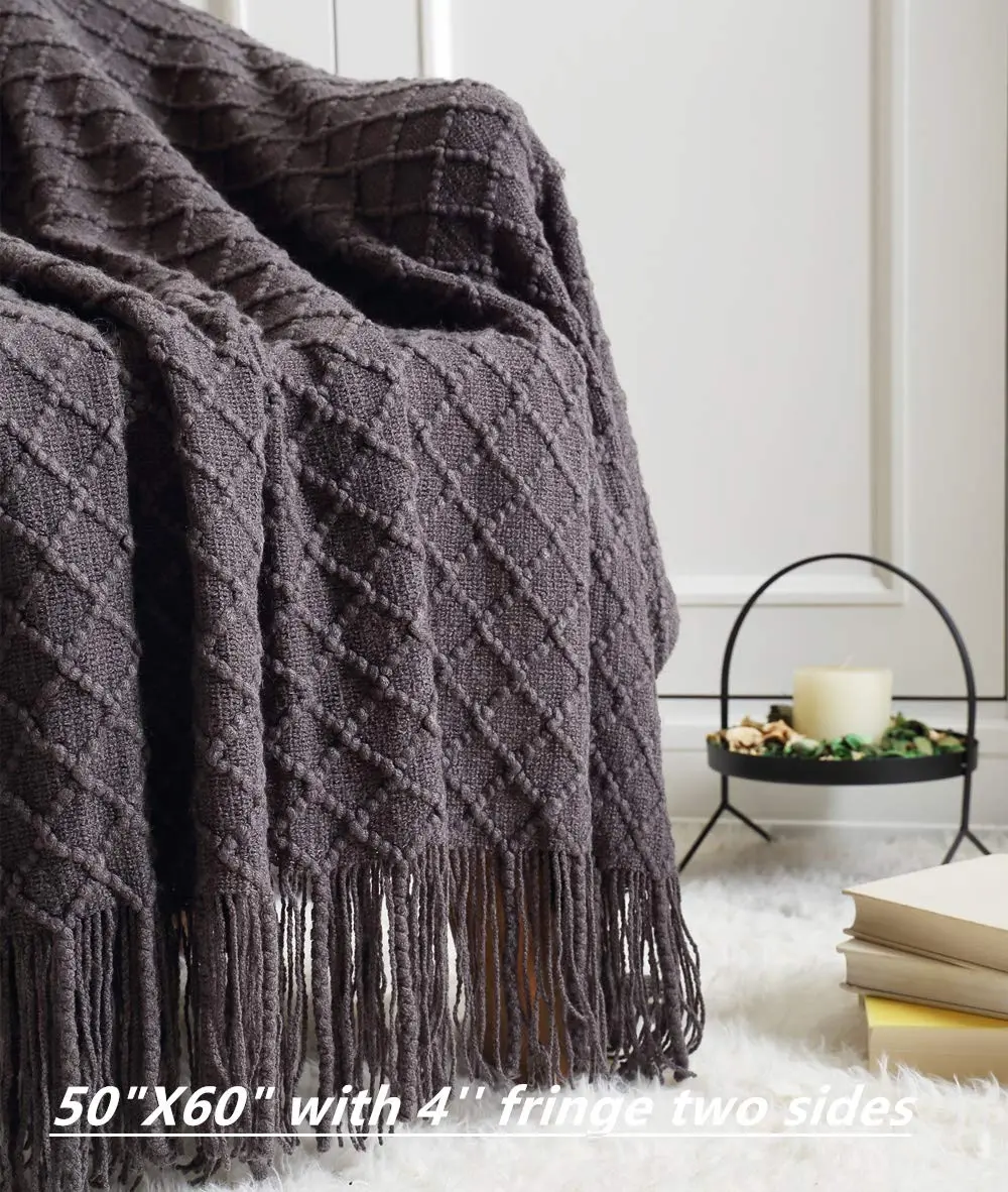 CREVENT Knitted Decorative Throw Blanket for Couch Sofa Chair Bed, Soft Breathable Lightweight for Spring Summer 127cm x 152cm (50''X60'') Dark Grey/Black | Elegant Geometric Pattern with Tassels - view 2