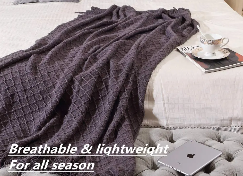 CREVENT Knitted Decorative Throw Blanket for Couch Sofa Chair Bed, Soft Breathable Lightweight for Spring Summer 127cm x 152cm (50''X60'') Dark Grey/Black | Elegant Geometric Pattern with Tassels - view 3