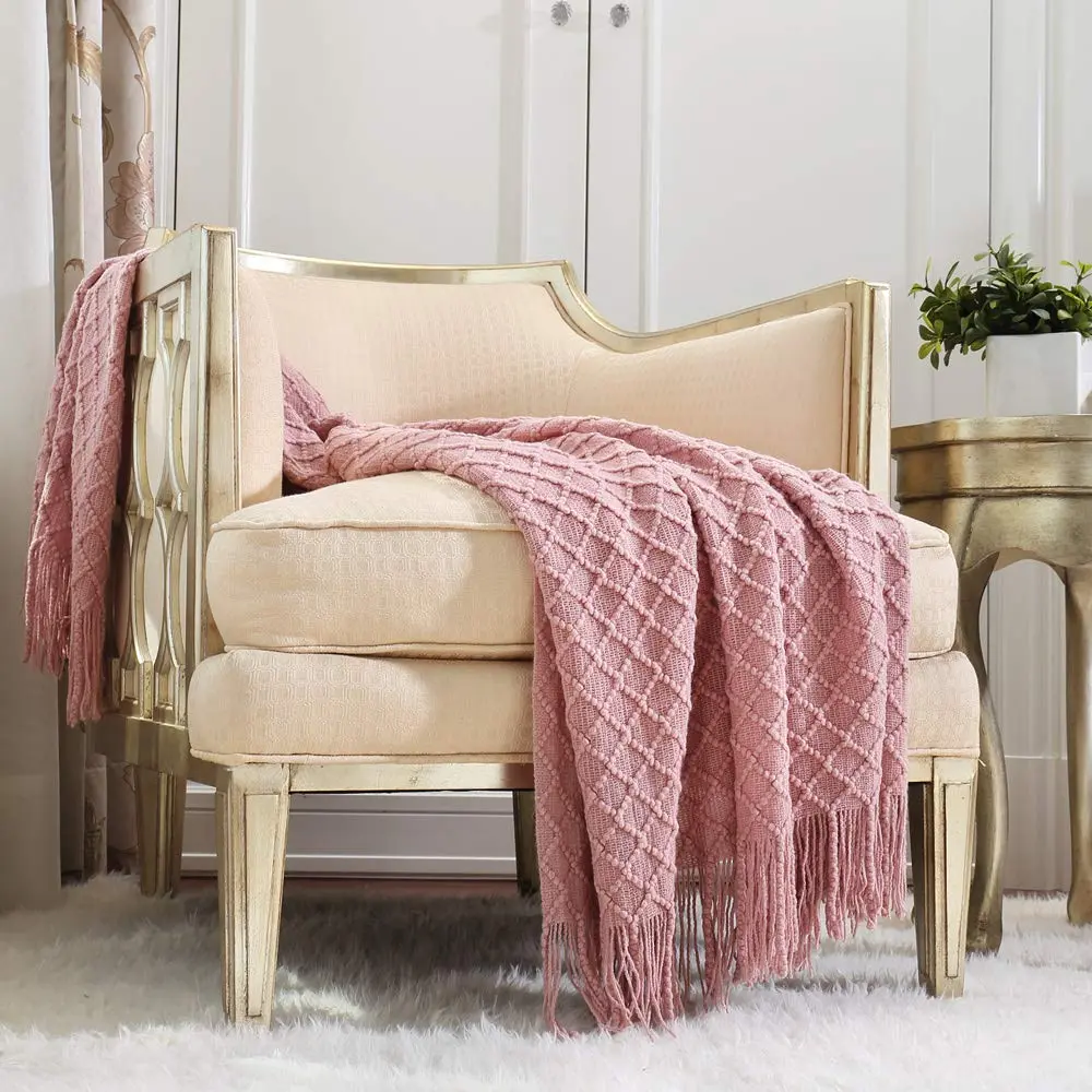 CREVENT Light Blush Pink Knit Throw Blanket 127cm x 152cm | Soft Bohemian Crochet with Tassels - main product image