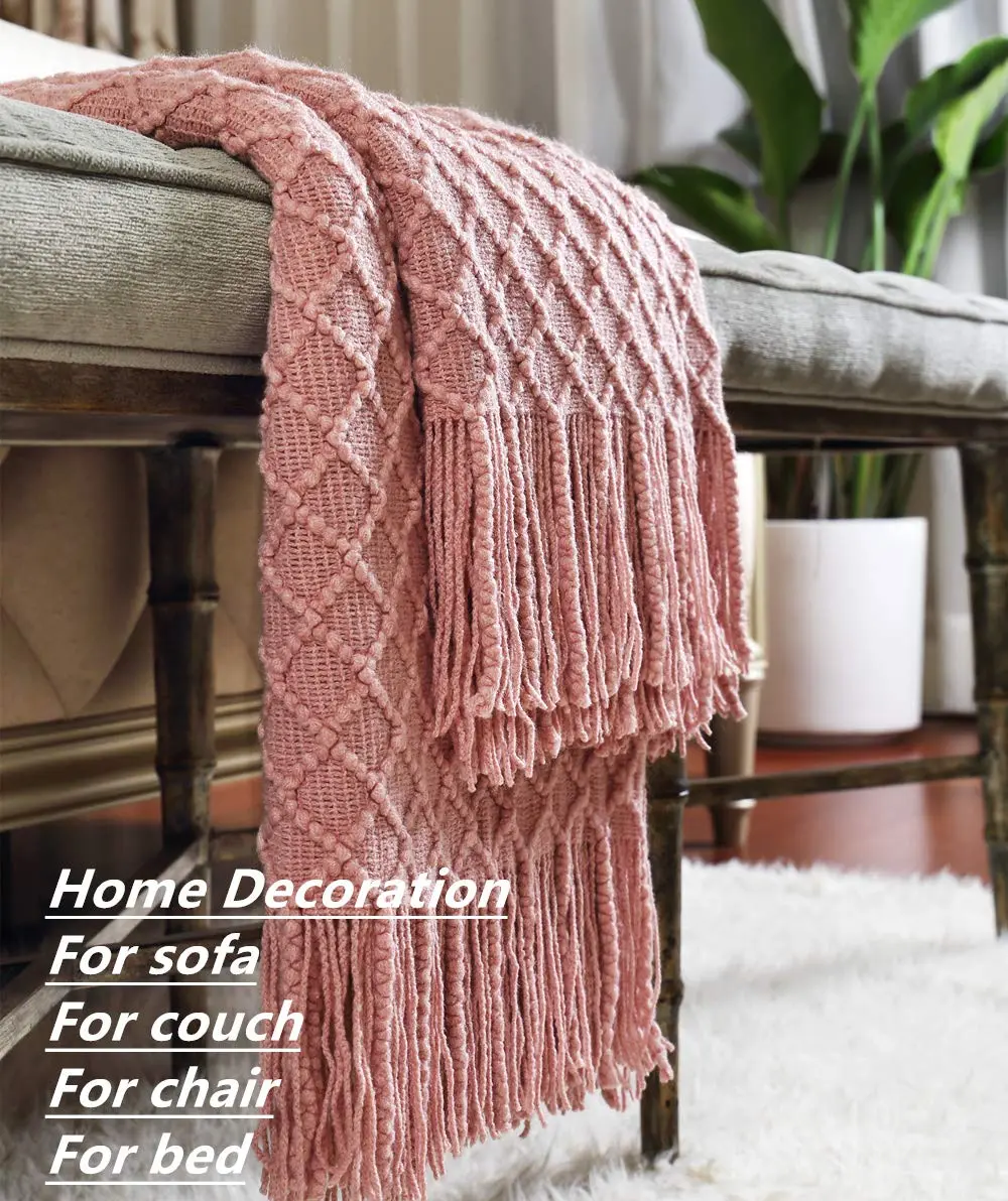 CREVENT Light Blush Pink Knit Throw Blanket 127cm x 152cm | Soft Bohemian Crochet with Tassels - view 4