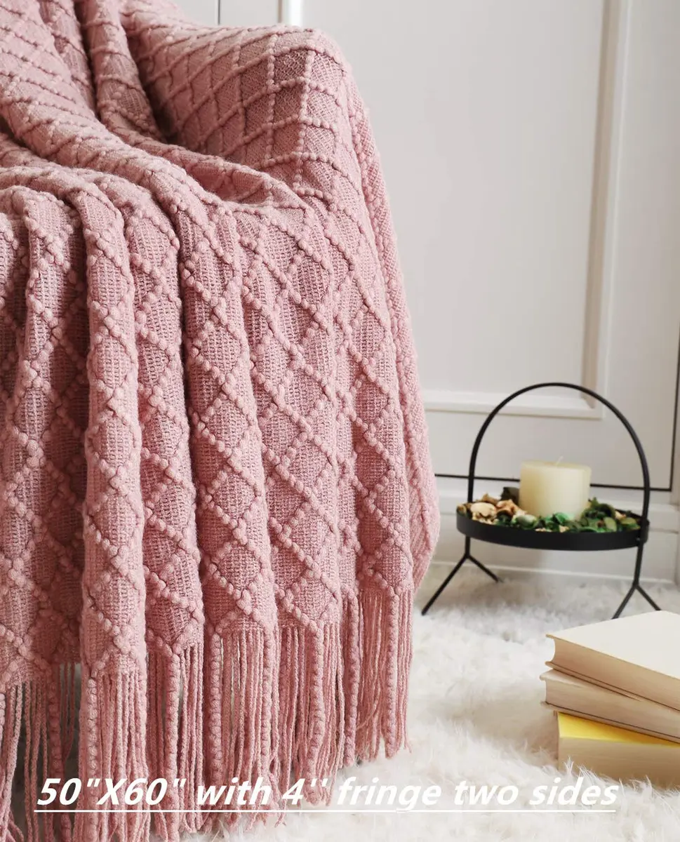 CREVENT Light Blush Pink Knit Throw Blanket 127cm x 152cm | Soft Bohemian Crochet with Tassels - view 2